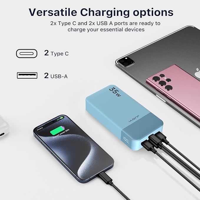 J2651 Portable Charger, 35W 20000mAh USB C in & Out Power Bank, Battery Pack with QC4.0+PD3.0 35W High-Speed Charging for Bluetooth Earbud, Mobile Phone, Tablet (Blue)