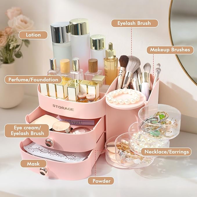 Makeup Organizer Countertop with Drawers, Make up Organizers for Vanity, Skincare Jewelry Earring Organizers, Cosmetic Display Cases Makeup Storage for Bedroom & Bathroom, Ideal Gifts for Women(Pink)