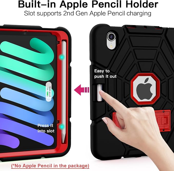 Grifobes Case for iPad mini 7th 2024 (A17 Pro) / Mini 6th Generation 2021 8.3 Heavy Duty Shockproof Cover with Pencil Holder Stand for i Pad Mini 7/6 Gen 8.3 inch Case (Black+Red+Red)