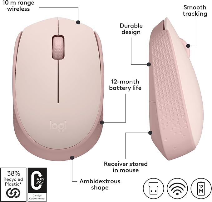 Logitech M170 Wireless Mouse for PC, Mac, Laptop, 2.4 GHz with USB Mini Receiver, Optical Tracking, 12-Months Battery Life, Ambidextrous - Rose