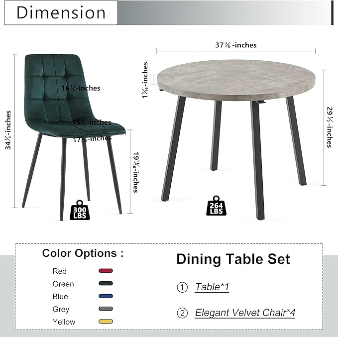 Modern 4-Person Round Dining Table Set, Space-Saving for Kitchen, Living Room, Apartment, Includes Dining Table & 4 Green Chairs,Small Dining Room Set for 4