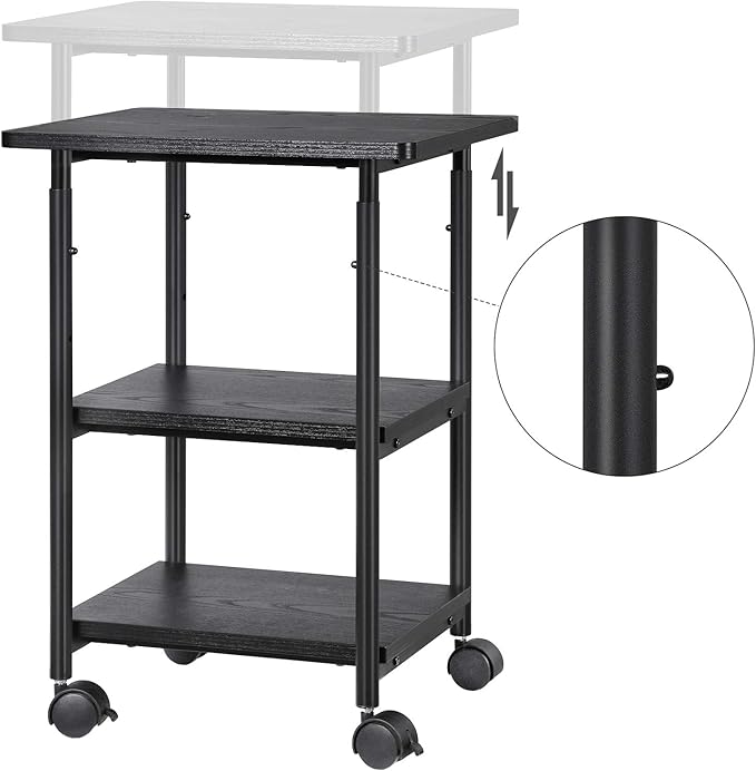 VASAGLE Heavy-Duty Printer Stand with Locking Wheels, 3-Tier Industrial Mobile Cart with Storage Shelf, Printer Table for Home, Office, 26.2-30.1" Adjustable Height, Ebony Black UOPS03B