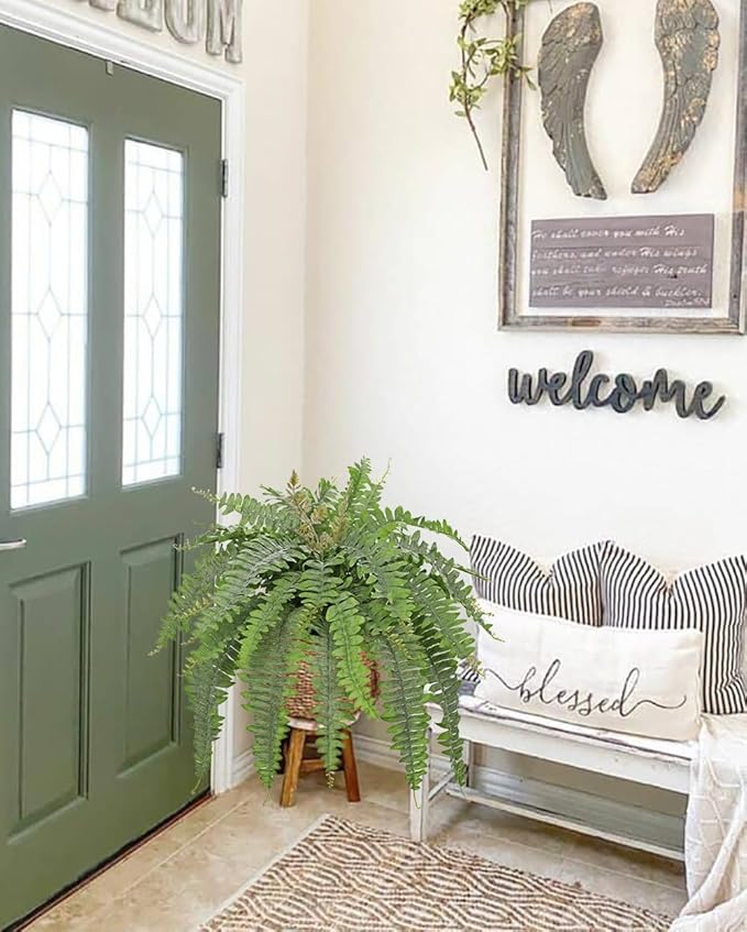 Hollyone Artificial Fern Plants in Pot 25.5" Medium Artificial Boston Fern 31 Leaves for Outdoors & Indoor Faux Potted Plant Fake Ferns Bush Plant Patio Garden Farmhouse Porch Home Decor Dusty Green