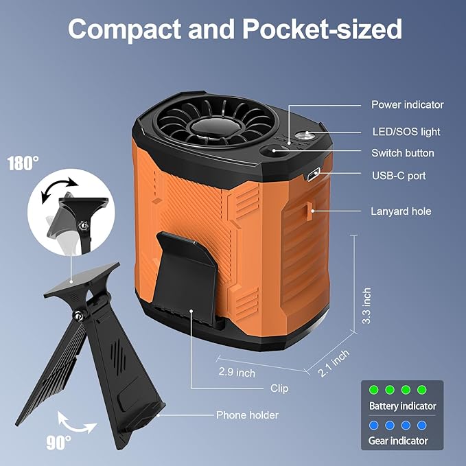 FlarePoint Portable 4-in-1 Waist/Neck/Desk Fan with Phone Stand & LED Light | 10000RPM Ultra-Fast Cooling, 4-Speed Rechargeable Battery | Lightweight for Indoor, Outdoor, Camping, Makeup(Orange)