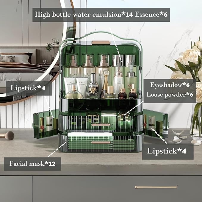 LINFIDITE Cosmetics Storage Box Transparent Lid Large Makeup Organizer Box Drawers Portable Handle Waterproof Dustproof Skincare Display Cases for Countertop, Bathroom, Dresser,Gift Clear Green