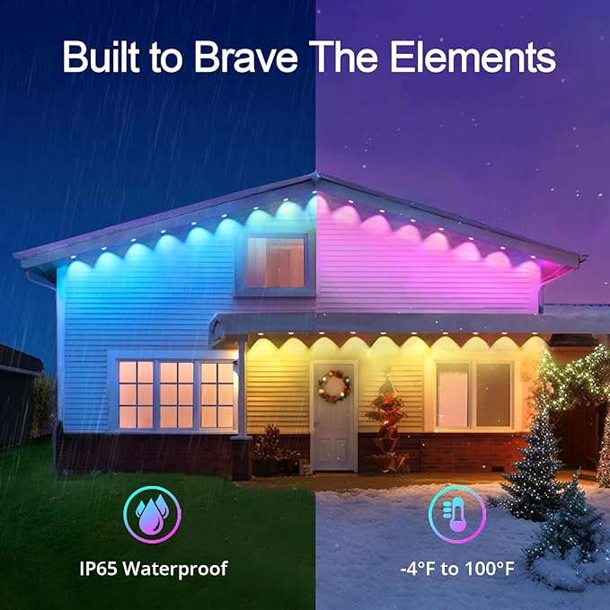 wowlite Permanent Outdoor Christmas Lights 100FT, RGB+IC Smart Eave Lights with 72 LEDs, IP67 Waterproof, 110+ Scene Modes for House, Daily & Holiday Decorations, Works with Alexa & Google