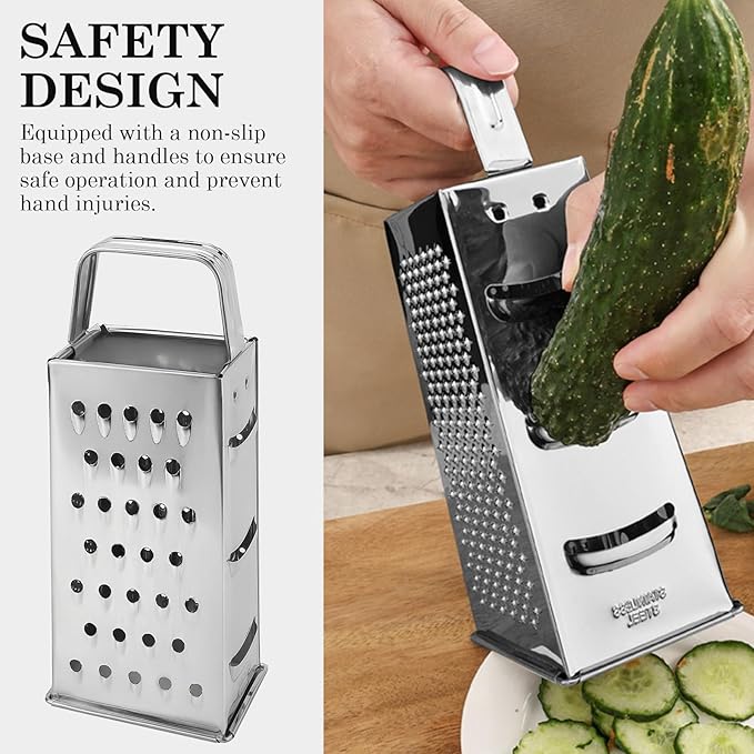 ZJIVQO Stainless Steel Vegetable Grater, 4-Sided Portable Metal Grater, Cheese Grater with Handle for Kitchen (8inch)