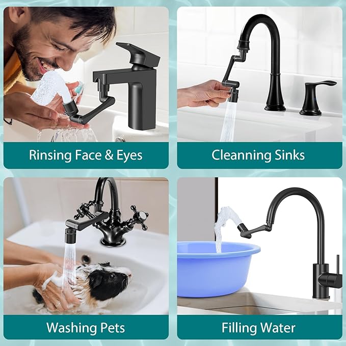 CECEFIN 1440° Rotating-Faucet-Extender Sink Aerator - 1080°+360° Large-Angle Splash Tap Extension with 2 Water Outlet, Swivel Multifunctional Robotic Arm for Kitchen/Bathroom, Black
