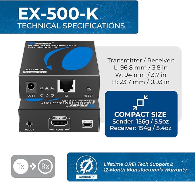 OREI 4K HDMI Extender Over IP CAT6 - 4K@60Hz One to Many Upto 400 Feet, Loop Out - Send to Multiple Location Over 1G Switch (EX-500-K)