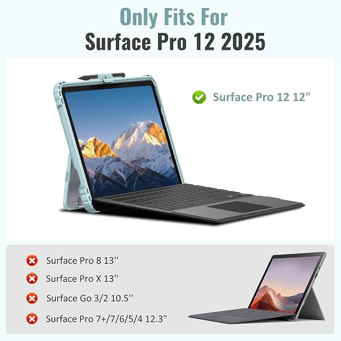 TiMOVO Case for Microsoft Surface Pro 12 Inch 2025 Black | Pen Holder Rugged Clear Back Protective Cover Removable Hand Strap Compatible with Type Cover Keyboard