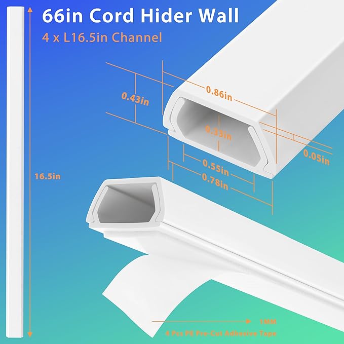 YCLYC 66in White Wire Covers for Cords Kit, Wall Cord Hider, Cord Covers for Wires on Wall, TV Cable Hider Kit, Easy to Install Cable Management 4XL16.5 W0.86 H0.43in