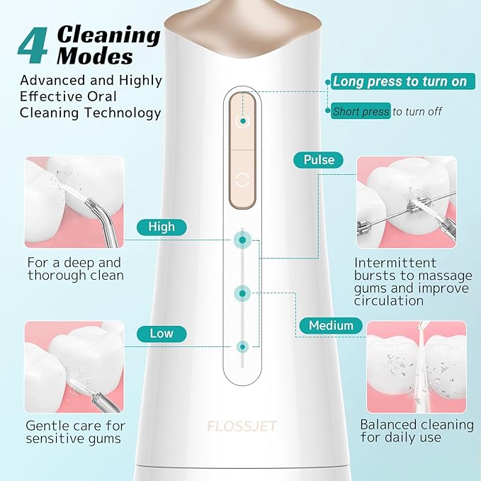 FlossJet Water Dental Flosser Cordless Oral Irrigator with 300ml 5 Tips 4 Modes USBCharger Portable Travle Irrigation Cleaner IPX7 Electric Irrigador Dental for Teeth Cleaning (White)