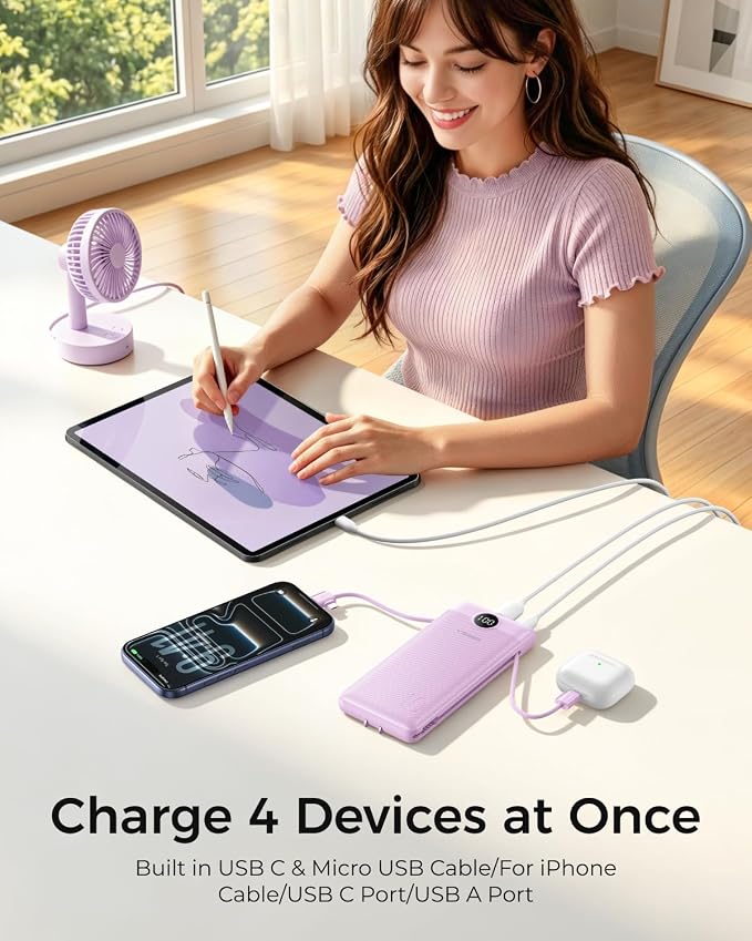 VEGER Portable Charger for iPhone Power Bank Built in Cable and Wall Plug | 10000mAhUltra Slim&ampCompact5 OutputsLED DisplayFlight-SafeTravel Essentials Battery Pack for iPhone 17iPad Samsun