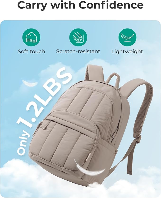 BAGSMART Womens Backpack Small Travel Laptop Backpack for Women, Quilted College Laptop Bookbag, Work Back Pack for Women, Cute Computer Water-Resistant Casual Daypack, Puffer Camel