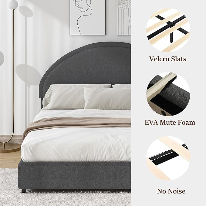 Twin Size Bed Frame, Boucle Upholstered Platform Bed with Headboard, Cloud Bed Frame with Soft Rounded Corners, No Box Spring Required, Easy Assembly, Dark Grey