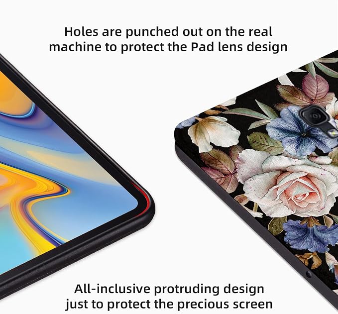 Premium PU Leather Cover for Samsung Galaxy Tab A 10.5 Inch 2018 Model SM-T590/T595/T597 Shockproof Protective Case with Folding Stand and Auto Wake/Sleep Black Flowers