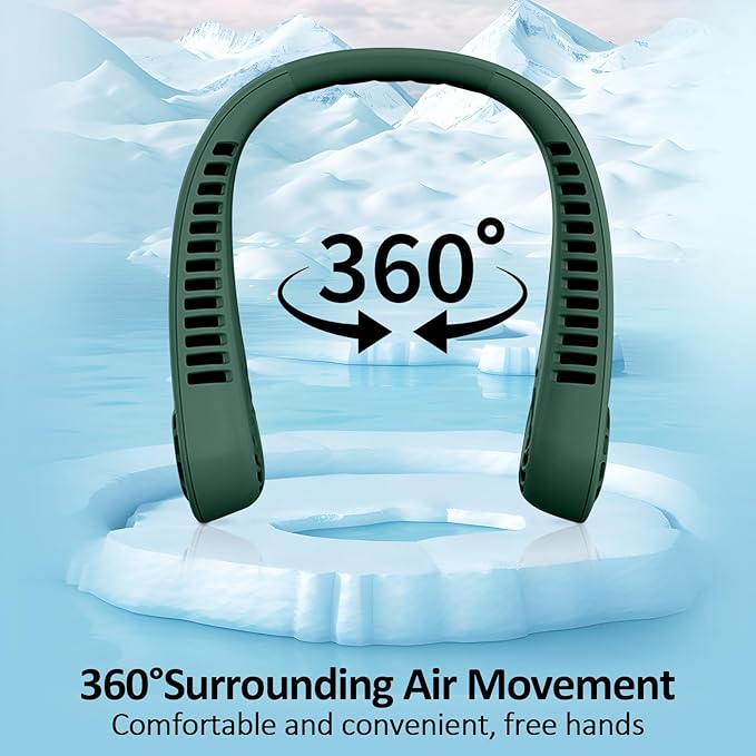 BIRDDIE Portable Hands free Bladeless Hanging Neck Fans with Screen Display and 5 Speeds Levels, USB Rechargeable, 360° Cooling Wearable Personal Fan for Work Travel Sport Outdoor (Green)