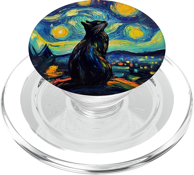 Whimsical Black Cat Under Starry Night for Cat Lover PopSockets PopGrip for MagSafe