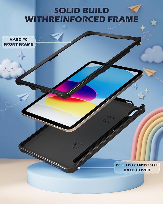ProCase Kids Case for 11 iPad (A16) &amp 10.9 iPad 10th Gen Black | 180° Adjustable Kickstand with Pencil Holder 3-Layer Heavy Duty Rugged Shockproof Hard Shell Cover