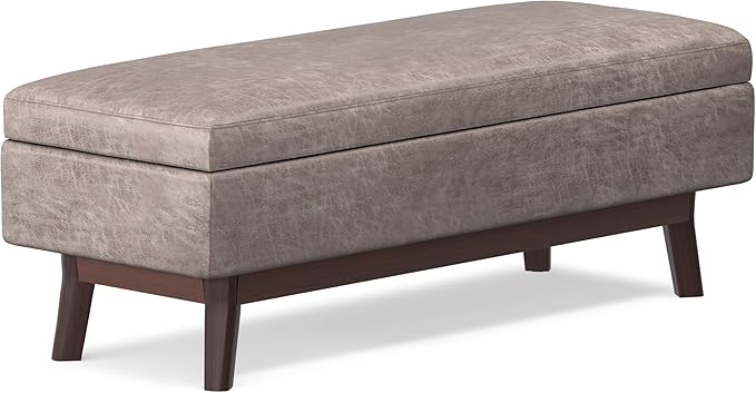 SIMPLIHOME Owen Rectangular Storage Ottoman - 48 inch Wide Upholstered Vegan Leather Lift-Top Ottoman in Distressed Grey Taupe, Mid-Century Modern Ottoman for Living Room with Tufted Detail