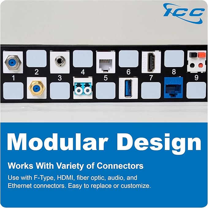 ICC 24 Port Blank Keystone 1U Patch Panel with 19” Metal Rackmount Housing, Staggered Ports to Reduce ANEXT, Works with Wide and Slim Profile Keystone Jacks (Sold Separately), UL Listed, IC107BE241