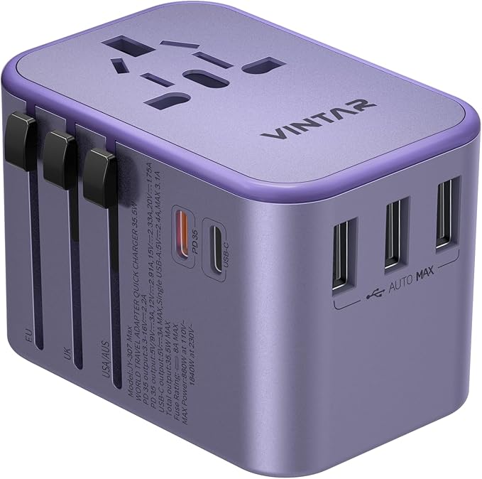 Universal Travel Adapter, VINTAR 35.5W International Power Adapter with 3 USB A QC and 2 USB C PD, All in One Plug Adapter Worldwide Travel Essentials for EU/UK/USA/AUS(Type C/G/A/I), Purple