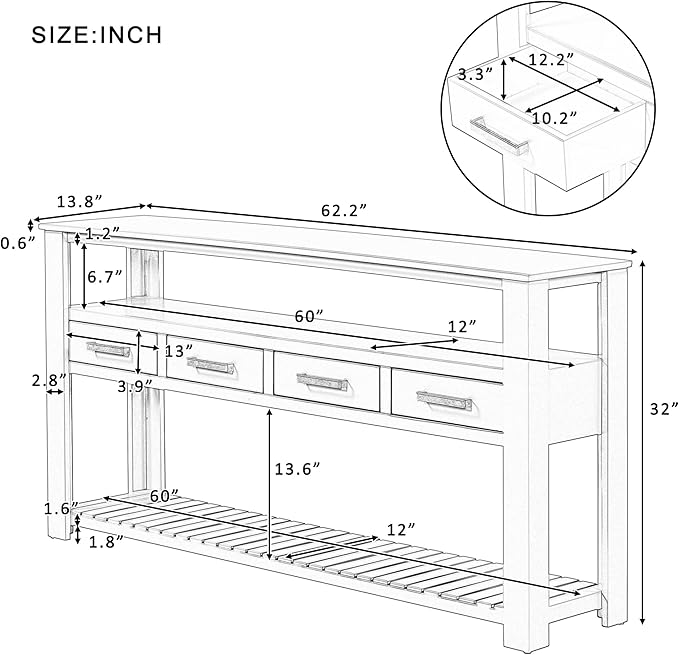 Modern 62'' Console Table Sofa Entryway Table with 4 Drawers and 2 Shelves, Acacia Wood Kitchen Buffet Cabinet Sideboard, Accent Table Furniture for Entryway Kitchen Living Room (Navy Blue-4DE)