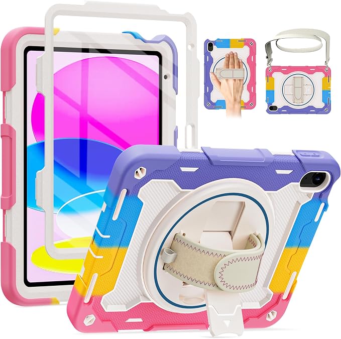for iPad 9th 8th 7th Gen Case 10.2 inch with Screen Protector | 360° Rotating Kickstand Hand Strap Shoulder Strap Heavy Duty Military Grade - Kids Friendly