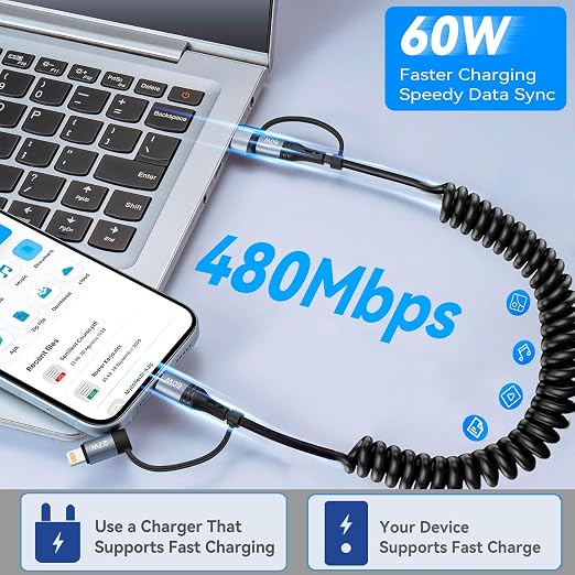 60W Coiled USB C CableiPhone Charger Cable for Car 2Pack 4FT [MFi Certified] Coiled Lightning Cable Fast Charging USB C to Lightning Cord for iPhone17/16/15/14/13/12/11 Series/iPad/MacBook/CarPlay