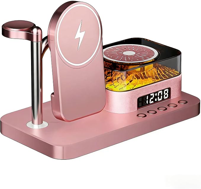 8-in-1 Desktop Charging Station with Bluetooth Speaker RGB Ambient Light Digital Clock Phone Stand Wireless Charger for Phone Watch and Earbuds Black/White (Black)