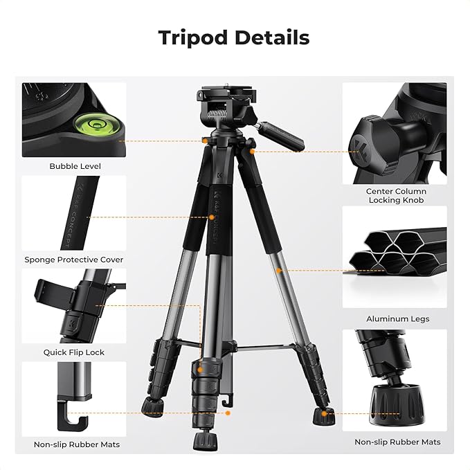 K&F CONCEPT Camera Tripod, 75" Lightweight Portable Travel Outdoor DSLR Tripods for Camera Phone Video Recording Tripod Stand, Cellphone Clip for Smartphone Live Streaming Vlog, Dark Grey