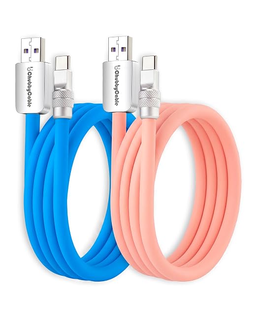 chubbycable 120W Silicone USB A to C Cable 2 Pack Black+Gray 13.1FT | Couple Color Matching 6mm Extra Thick 45000+ Bend Tested 480Mbps Data Transfer E-Marker Safety Chip Tangle-Free