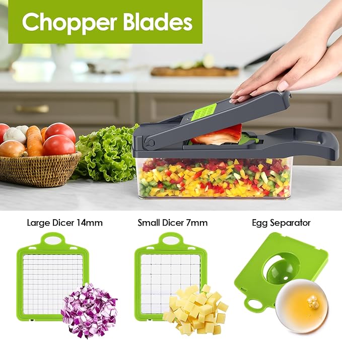 Putsea Vegetable Chopper Pro, Mandoline Slicer – 7 Stainless Steel Blades for Onion, Potato, Salad – Safe, Easy Clean & Dishwasher Safe Kitchen Gadget – Ideal for Parents, RV