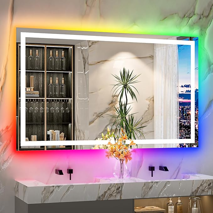 YEELAIT 60x36 Inch RGB LED Bathroom Mirror Front Light and RGB Backlit Lighted Vanity Mirror for Bathroom Wall Mounted Dimmable Anti Fog Memory Shatter-Proof IP54 Waterproof Horizontal/Vertical