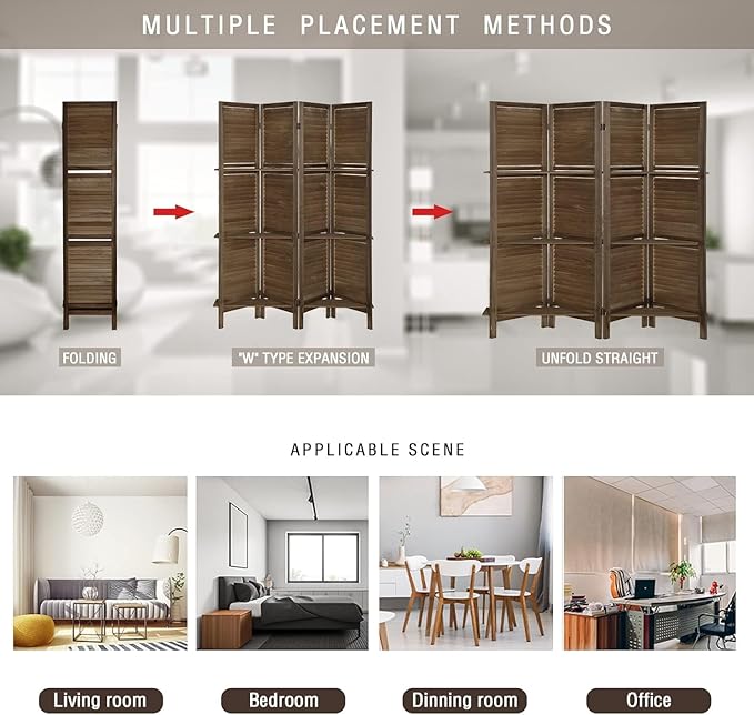 4 Panel Room Divider with Shelves, Room Dividers and Folding Privacy Screens, Folding Room Dividers 4 Panel, Wood Room Divider with 3 Display Shelves for Home Office (Brown)