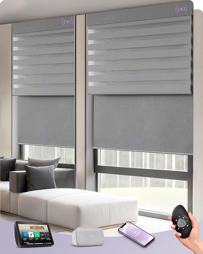 Graywind Smart Dual Shades Compatible with Alexa Google Homepod Motorized Double Zebra Blinds Matter Solar Powered, Custom Size (Light Grey)