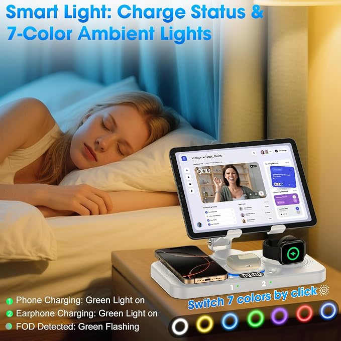 6 in 1 Wireless Charger for Apple Device 30W Foldable Wired Charging for ipad with Clock &amp 7 Color Ambient Light Nightstand Charger Station for iPhone 17