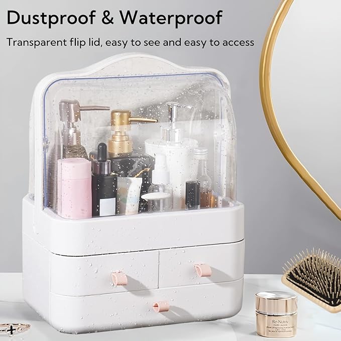 Makeup Organizer and Storage for Vanity with Lid and Drawers, Waterproof and Dustproof Portable Skincare Cosmetics Boxes, Makeup Caddy Holder for Vanity Countertop, Bathroom, Dresser, Bedroom