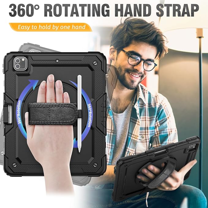 HXCASEAC Case for iPad Pro 12.9 Case (6th 5th 4th 3rd Generation) Shockproof Design | Pencil Holder | Hand Strap | Screen Protector | Heavy Duty Protective iPad 12.9 inch 2022/2021/2020/2018 - Black