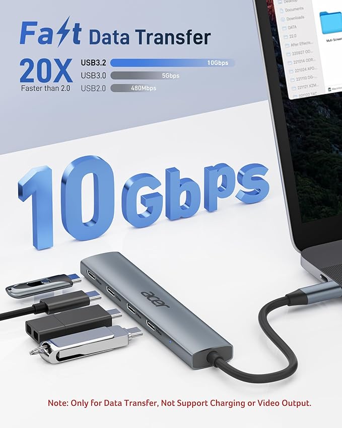 Acer USB C Hub, 10Gbps Type C Splitter with 4 USBC 3.2 Port, High Speed Type C Multiport Adapter for iPad MacBook Pro, iPhone 16/15, Surface Pro and More【Not Support Monitor or Charging】