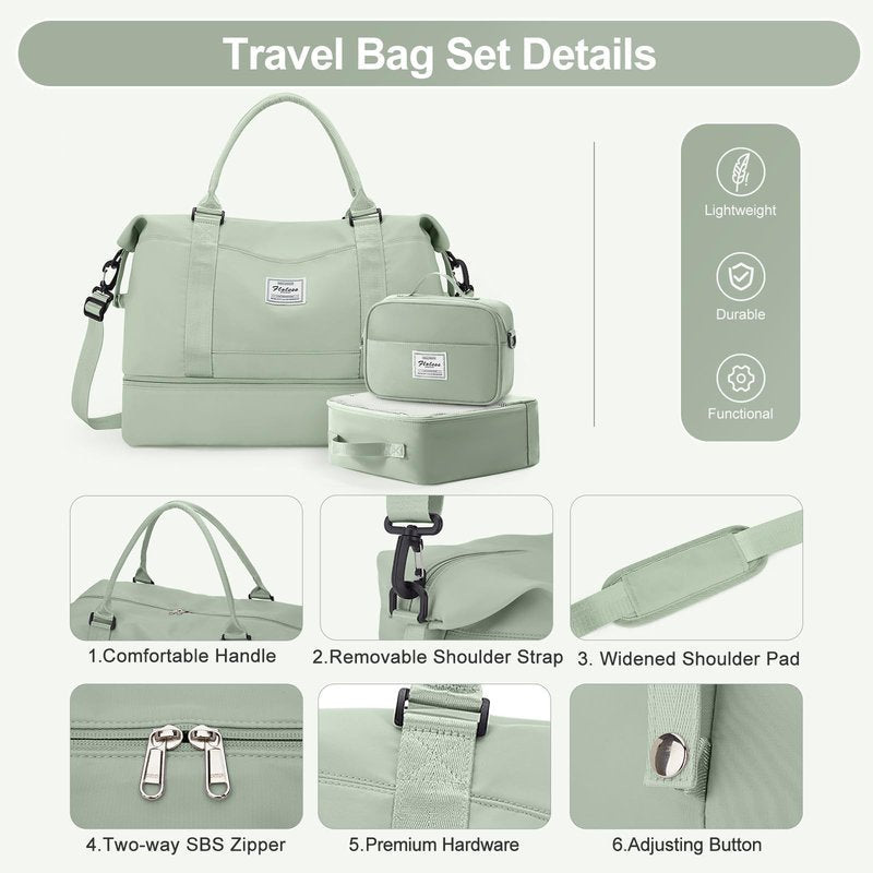 Travel Duffle Bag for Women,Weekender Overnight Bag with Shoe Compartment,Carry on Personal Item Travel Bag,3 Pcs Set,Light Green
