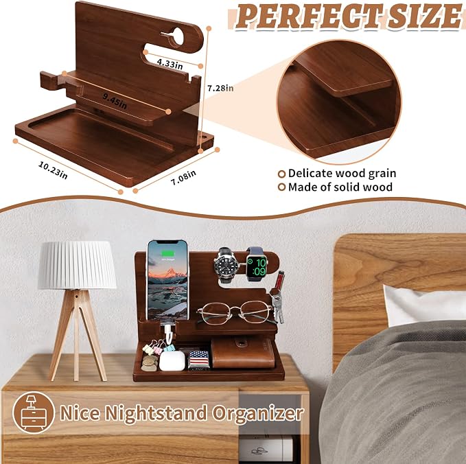 Wood Phone Docking Station - Nightstand Charging Organizer and Cell Phone Stand - Bedside Gift for Men