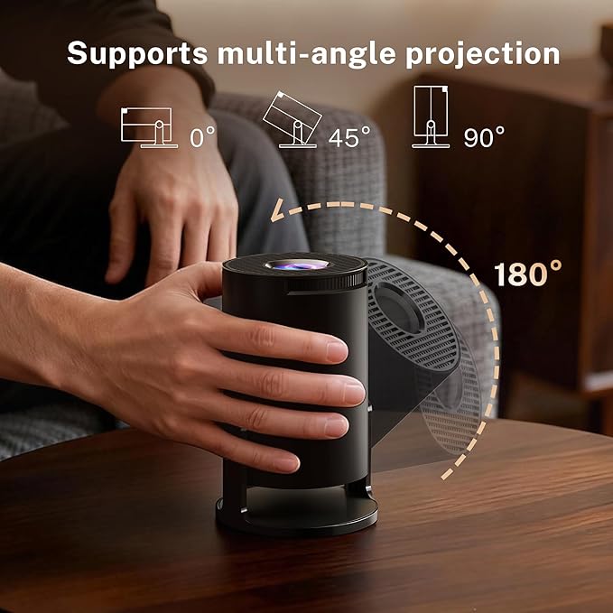 Mini Projector with WiFi 6 and Bluetooth 5.4 Built-in Android 11, 1080P 4K Support Portable Projector, Auto Vertical Keystone, LYNCAST 180° Rotatable Projector for Home,Outdoor OptiBarrel 500 Black
