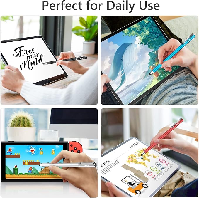 Capacitive Stylus/Styli 2-in-1 Universal Touch Screen Pen for All Touch Screen Tablets/Cell Phones with 20 Extra Replaceable Soft Rubber Tips (4 Pieces Black/Blue/Purple/Green)