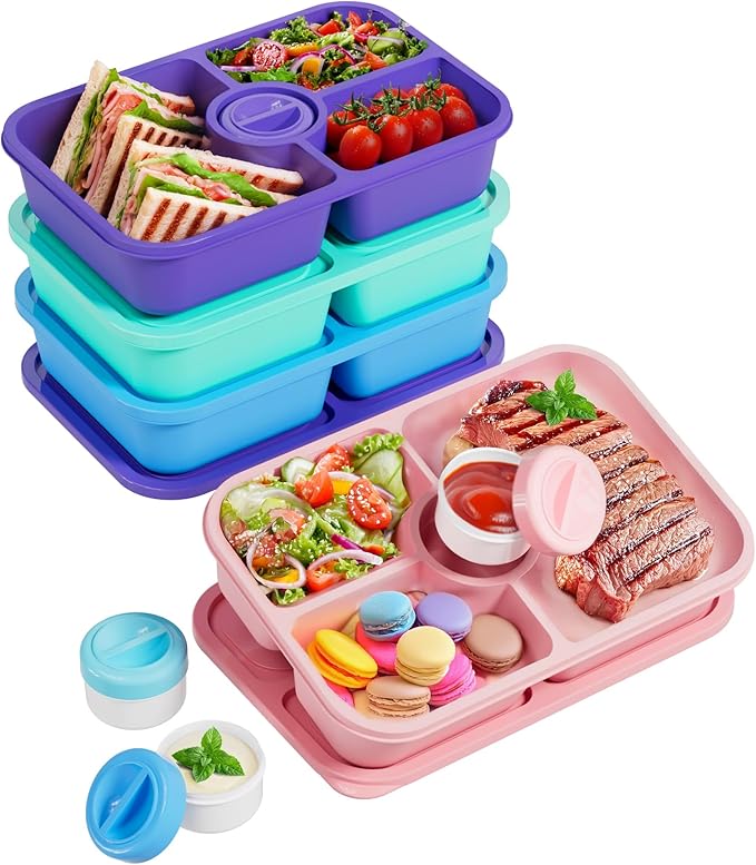 Canfanni 4 Pcs Bento Snack Box Containers, 4 Compartment Divided Stackable Food Storage Containers with Lids, Meal Prep Lunch Container with Sauce Cups