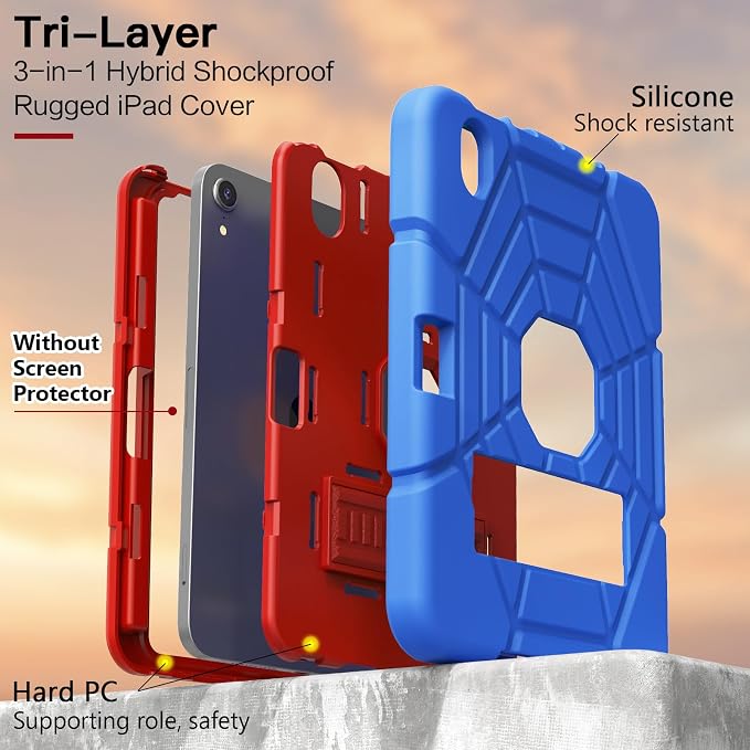 Grifobes Case for iPad mini 7th 2024 (A17 Pro) / Mini 6th Generation 2021 8.3 Heavy Duty Shockproof Cover with Pencil Holder Stand for i Pad Mini 7/6 Gen 8.3 inch Case (Black+Red+Red)