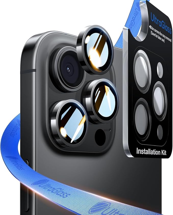 UltraGlass for iPhone 16 Pro Max/16 Pro Camera Lens Protector [NO.1 Military Grade Shatterproof] iPhone 16 Pro Max Camera Protector 16 Pro Lens Cover [Longest Durable] Easy Install Black Titanium