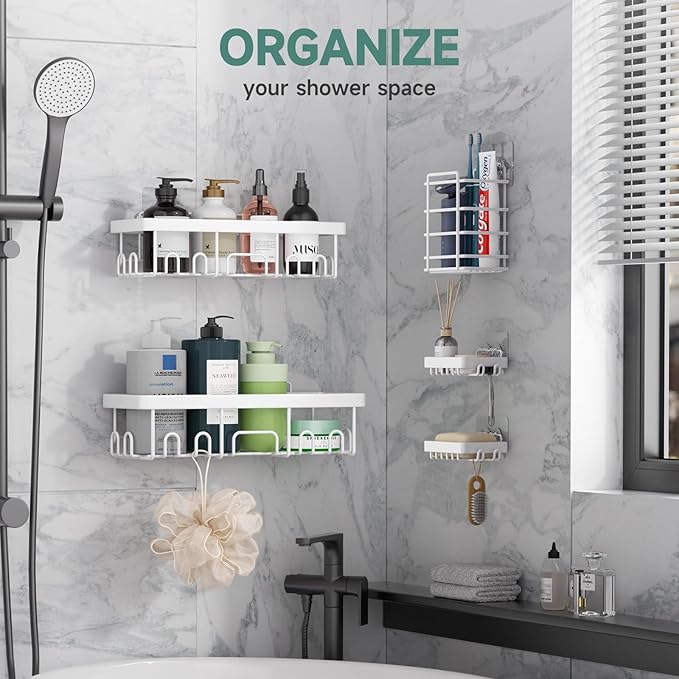 Veken Adhesive Shower Caddy 5-Pack,Heavy Weight Bearing,Large Wall Mounted Shower Shelves Rack,Organizer Storage Accessories with Soap Dish&Toothbrush Holder,Ideal for Bathroom,Home&Kitchen,White