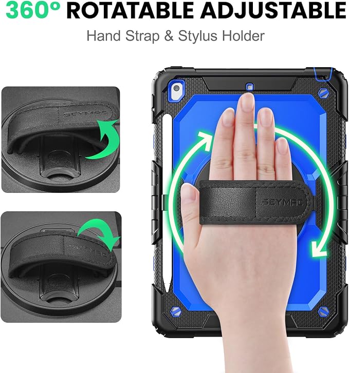 SEYMAC for iPad 9th/8th/7th Generation Case 10.2 2021-2019 Full-Body Shockproof Protective Case with Screen Protector Rotating Stand/Handle/Shoulder Strap for iPad 10.2 Blue/Black