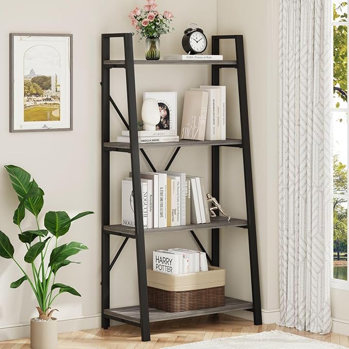BON AUGURE Ladder Bookshelf, 4 Tier Ladder Shelf Bookcase, Wood Leaning Book Shelves for Living Room, Bedroom, Home Office Shelving Unit (Dark Grey Oak)